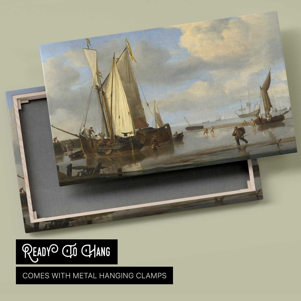 Fishing Boats Moored on a Sandy Shore canvas front and rear frame view