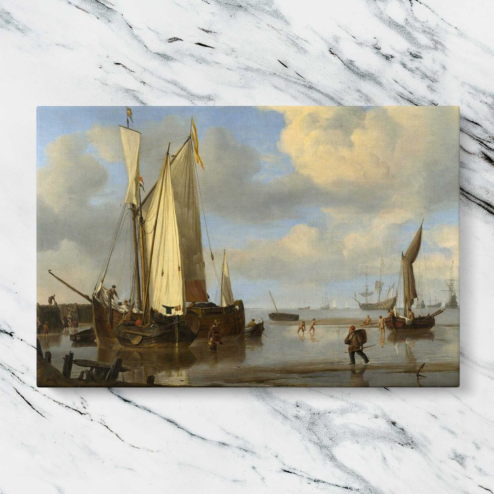 Fishing Boats Moored on a Sandy Shore canvas artwork displayed on a marble background