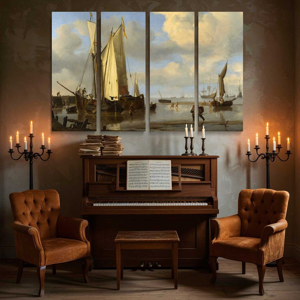 Fishing Boats Moored on a Sandy Shore canvas wall art in room setting 5