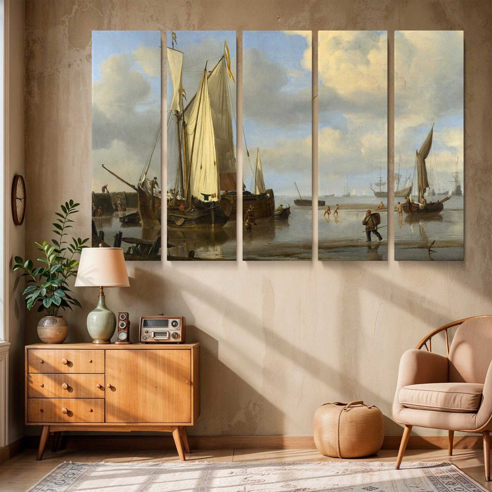 Fishing Boats Moored on a Sandy Shore canvas wall art in room setting 6