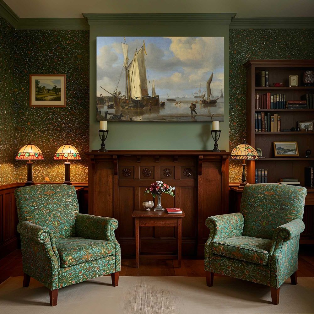 Fishing Boats Moored on a Sandy Shore canvas wall art in room setting 7