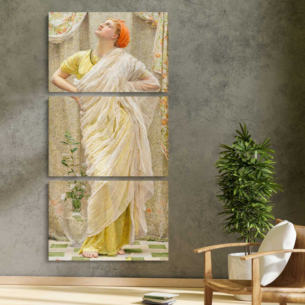 Canaries 1841 1893 by Albert Joseph Moore three panel canvas print in a contemporary interior