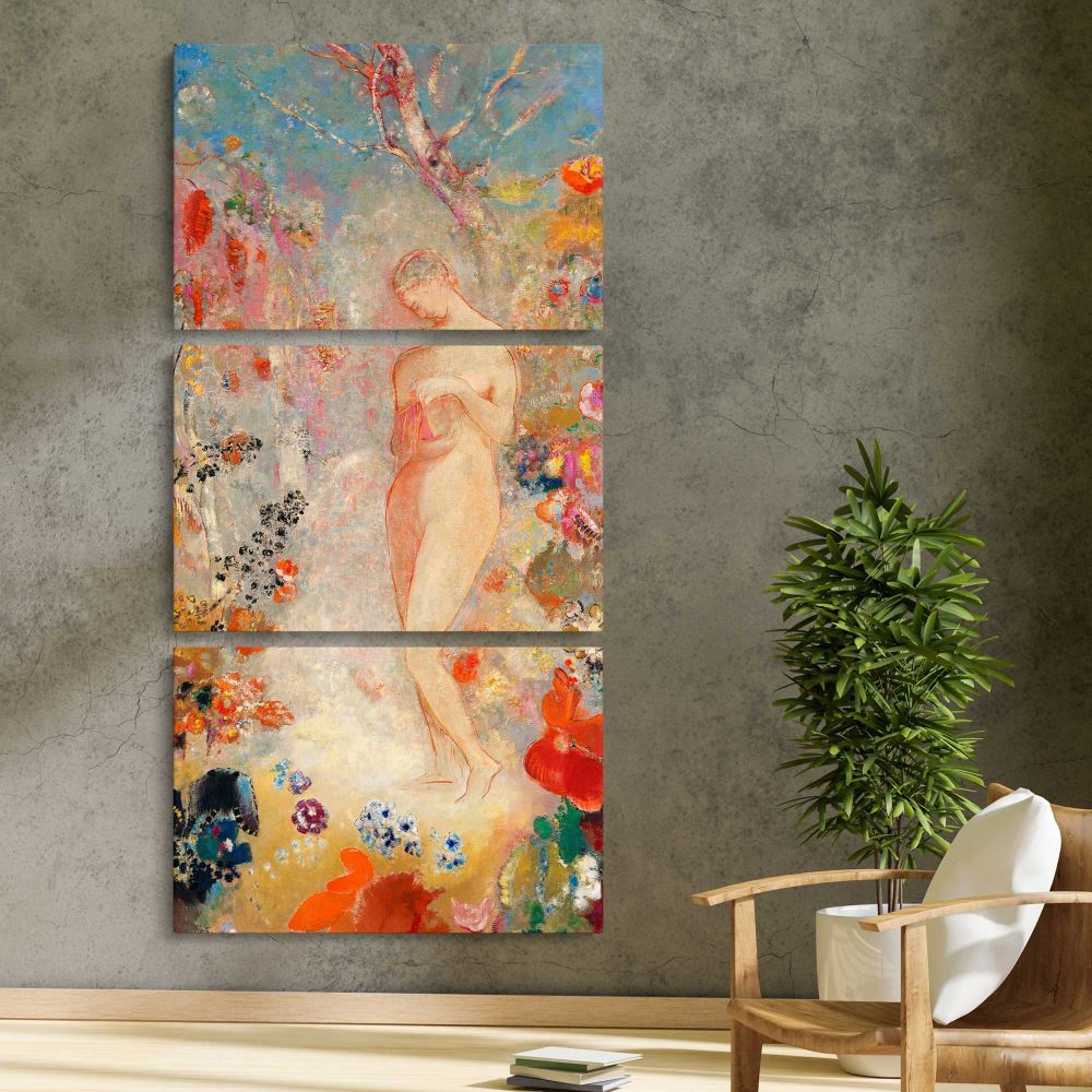 Pandora 1914 by Odilon Redon three panel canvas print in a contemporary interior