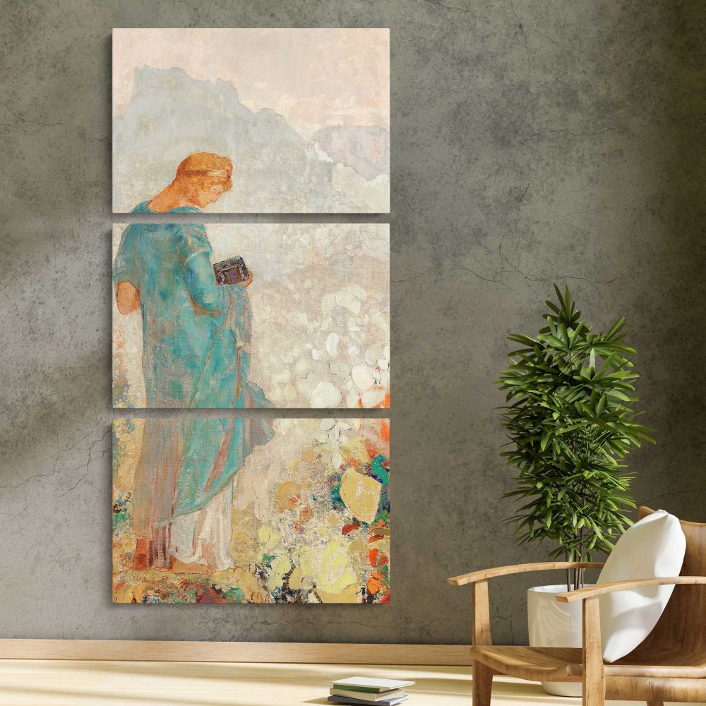 Pandora 1910 1912 by Odilon Redon three panel canvas print in a contemporary interior