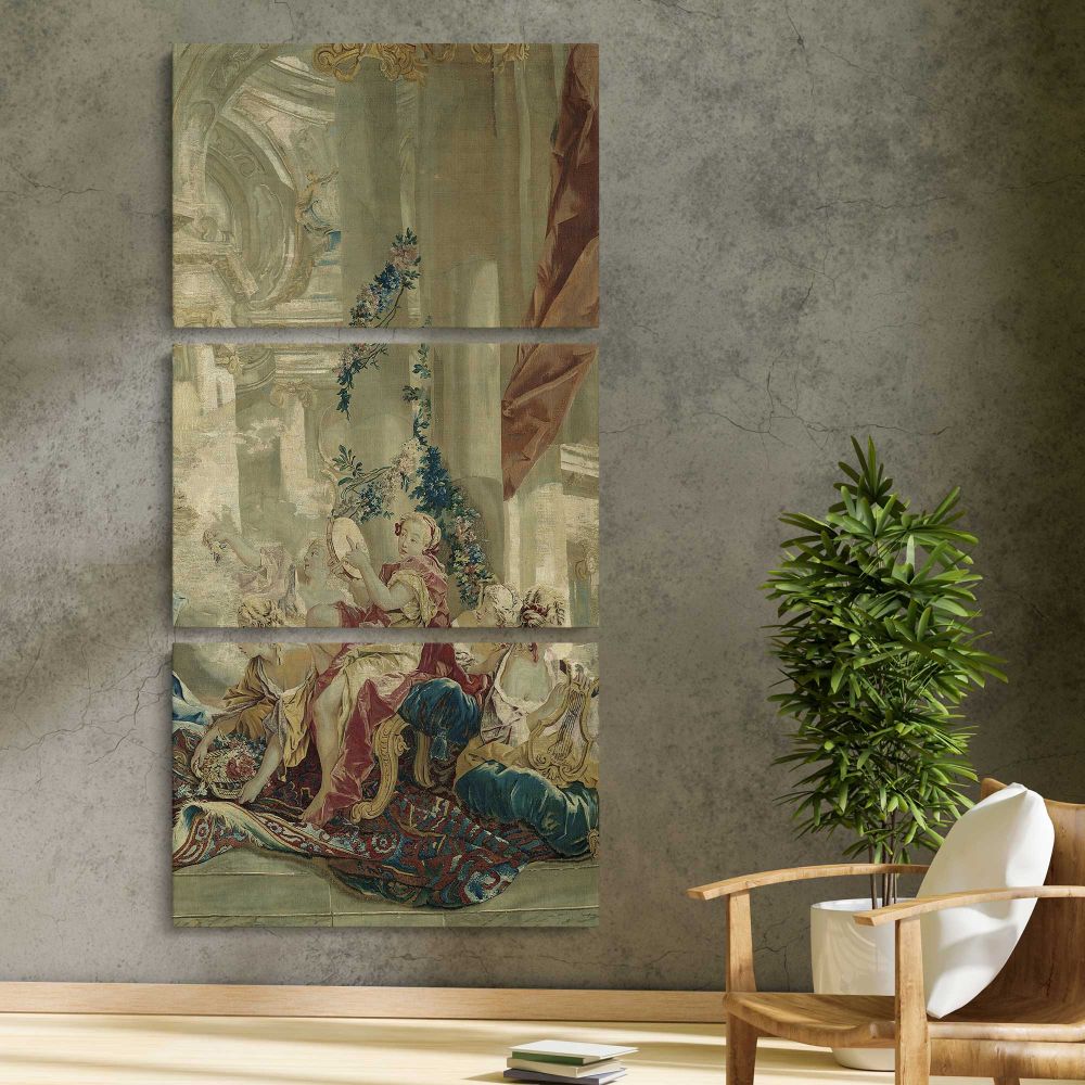 Psyches Entrance into Cupids Palace from the Story of Psyche by Francois Boucher three panel canvas print in a contemporary interior
