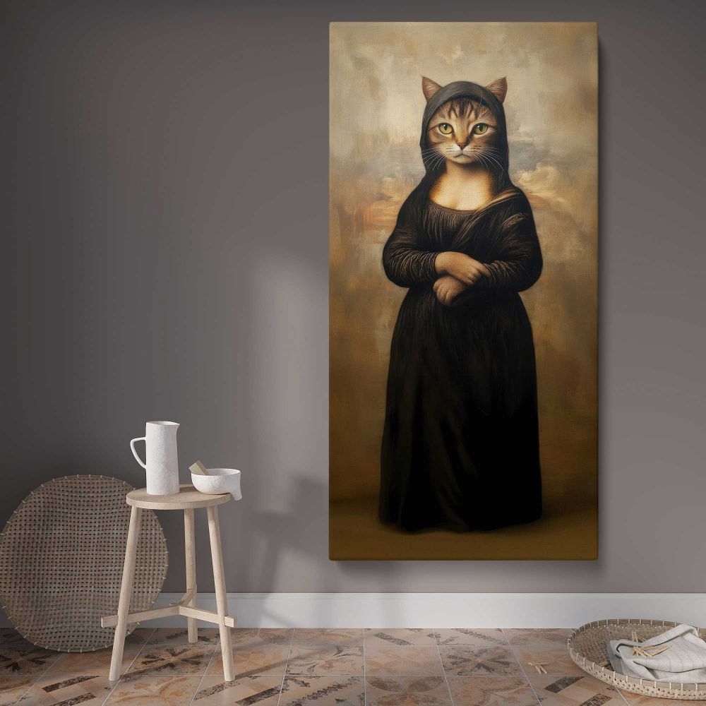 Mona Lisa Cat Portrait canvas wall art displayed in a contemporary room