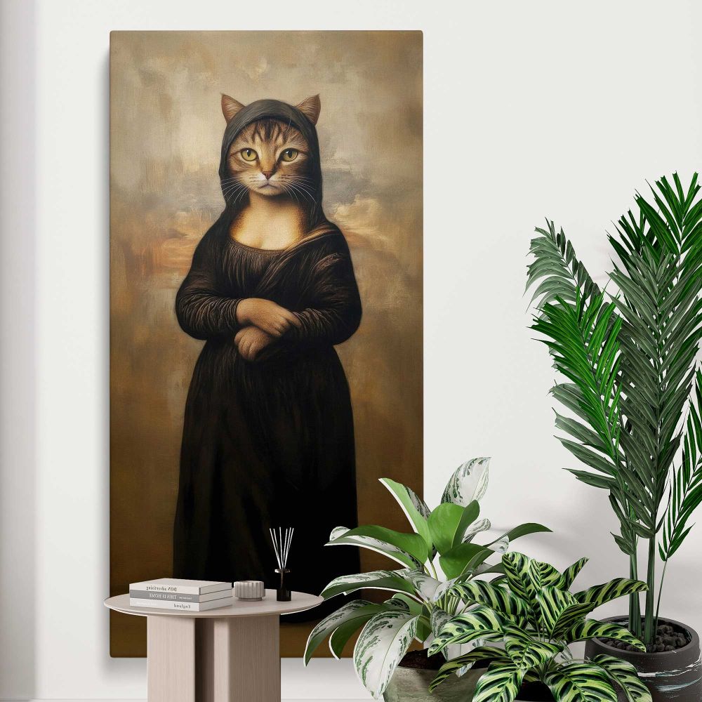Mona Lisa Cat Portrait canvas print displayed in a modern interior