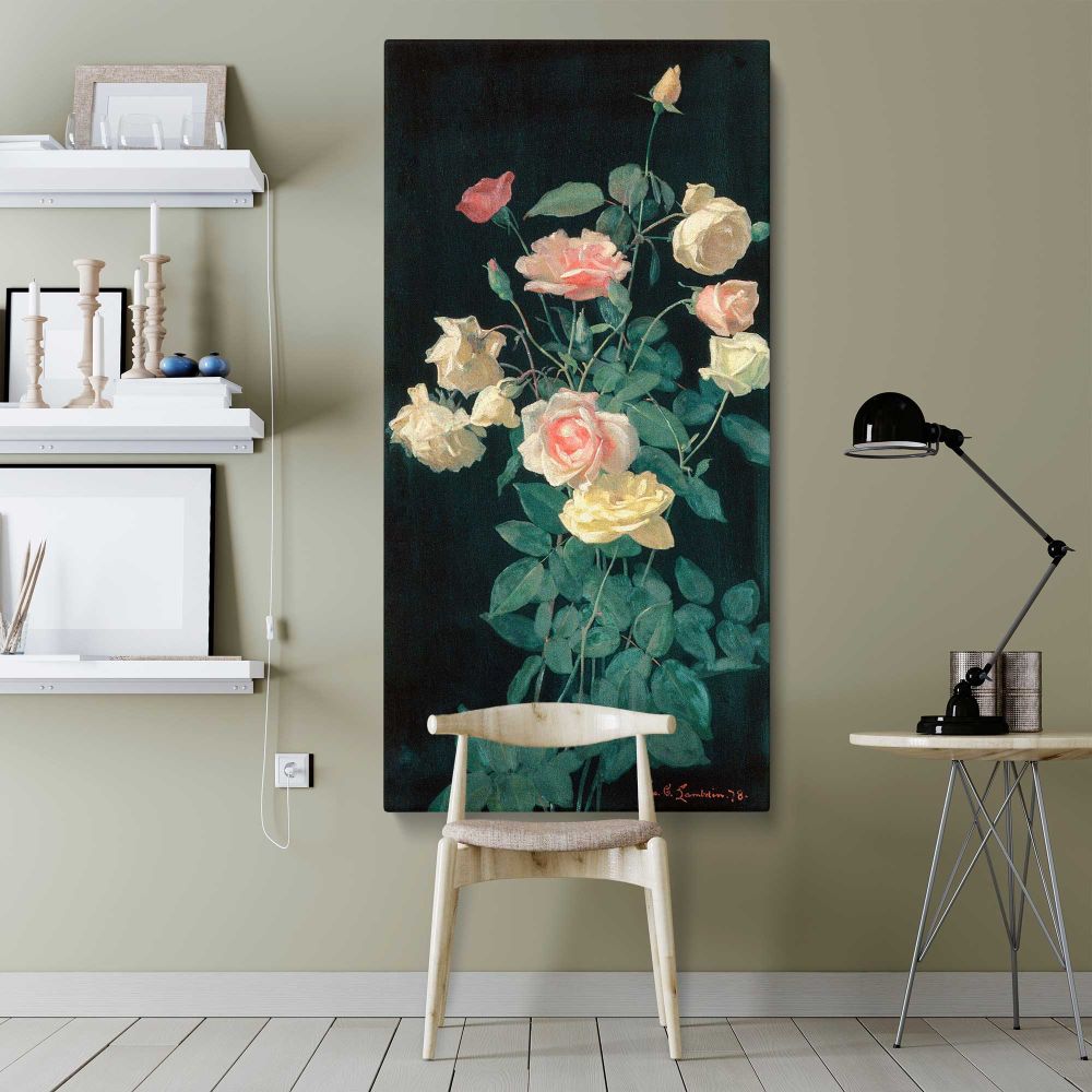 Roses 1878 by George Cochran Lambdin canvas wall art shown in a modern interior