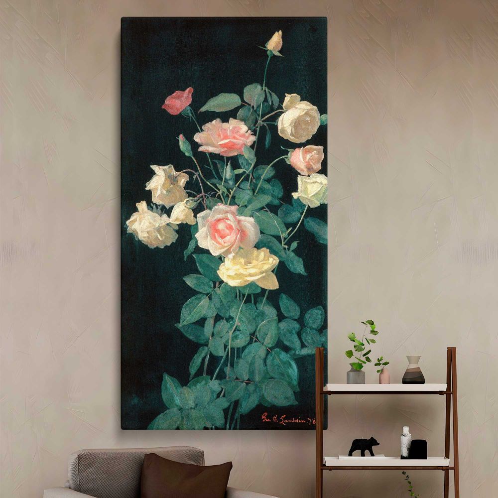 Roses 1878 by George Cochran Lambdin canvas wall art in a styled interior