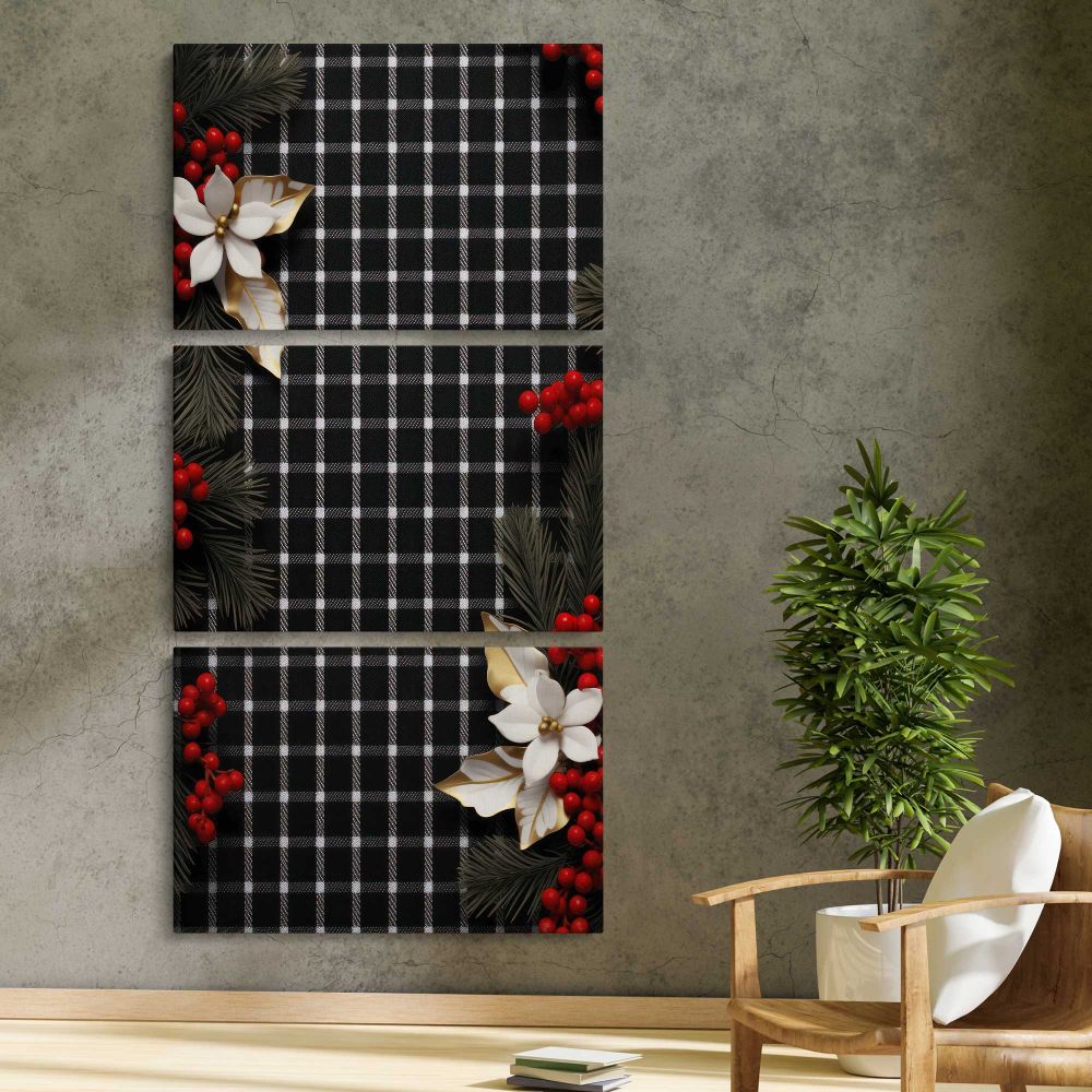 Christmas Houndstooth Floral Pattern three panel canvas print in a contemporary interior