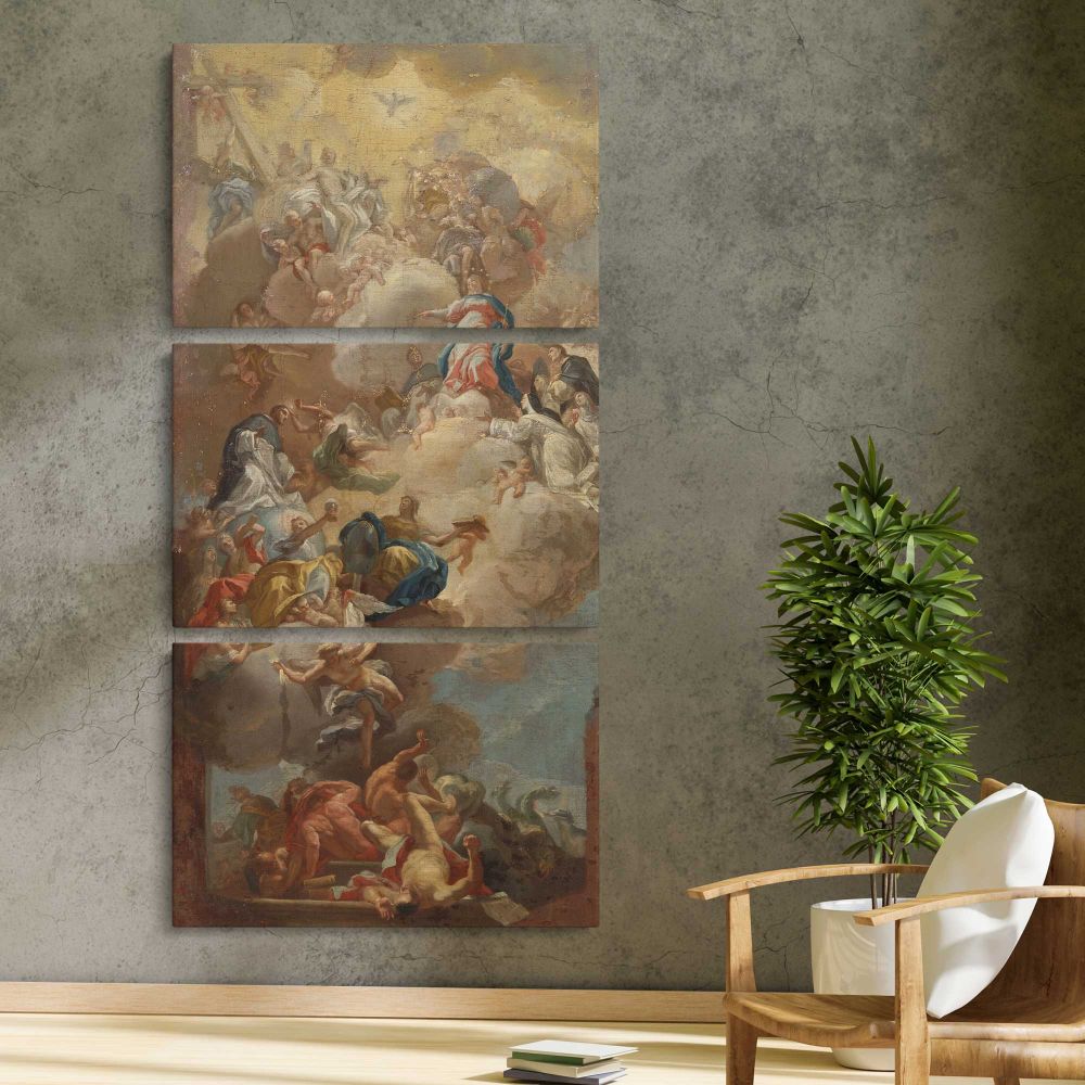 The Glorification of Saint Dominic 1710 1785 by Francesco Solimena three panel canvas print in a contemporary interior