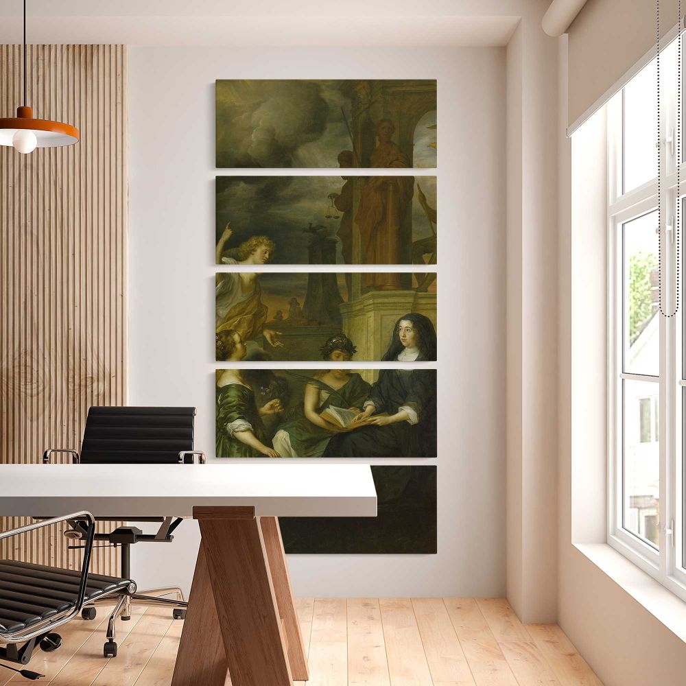 Allegory on the Memory of Frederik Hendrik 1584 1647 Prince of Orange with the Portrait of his Widow Amalia van Solms 1654 by Govert Flinck five panel canvas wall art office mockup