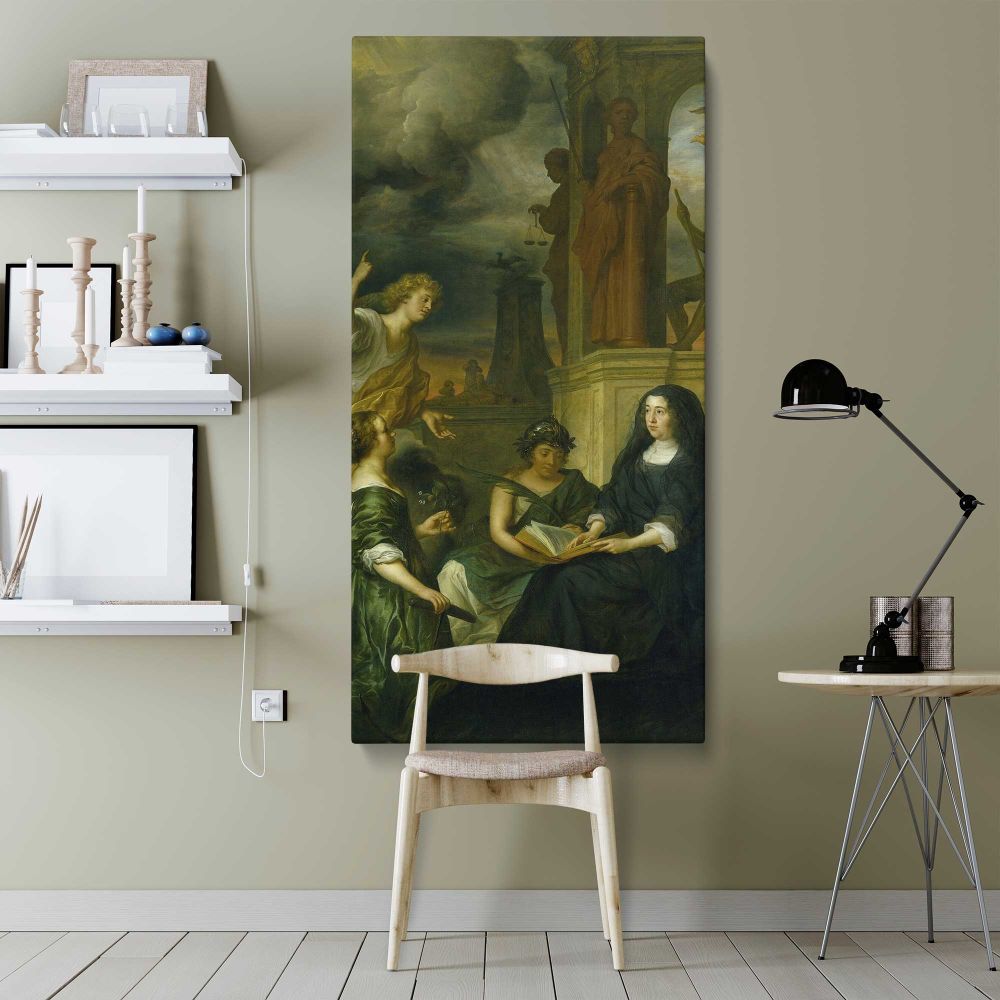 Allegory on the Memory of Frederik Hendrik 1584 1647 Prince of Orange with the Portrait of his Widow Amalia van Solms 1654 by Govert Flinck canvas wall art shown in a modern interior