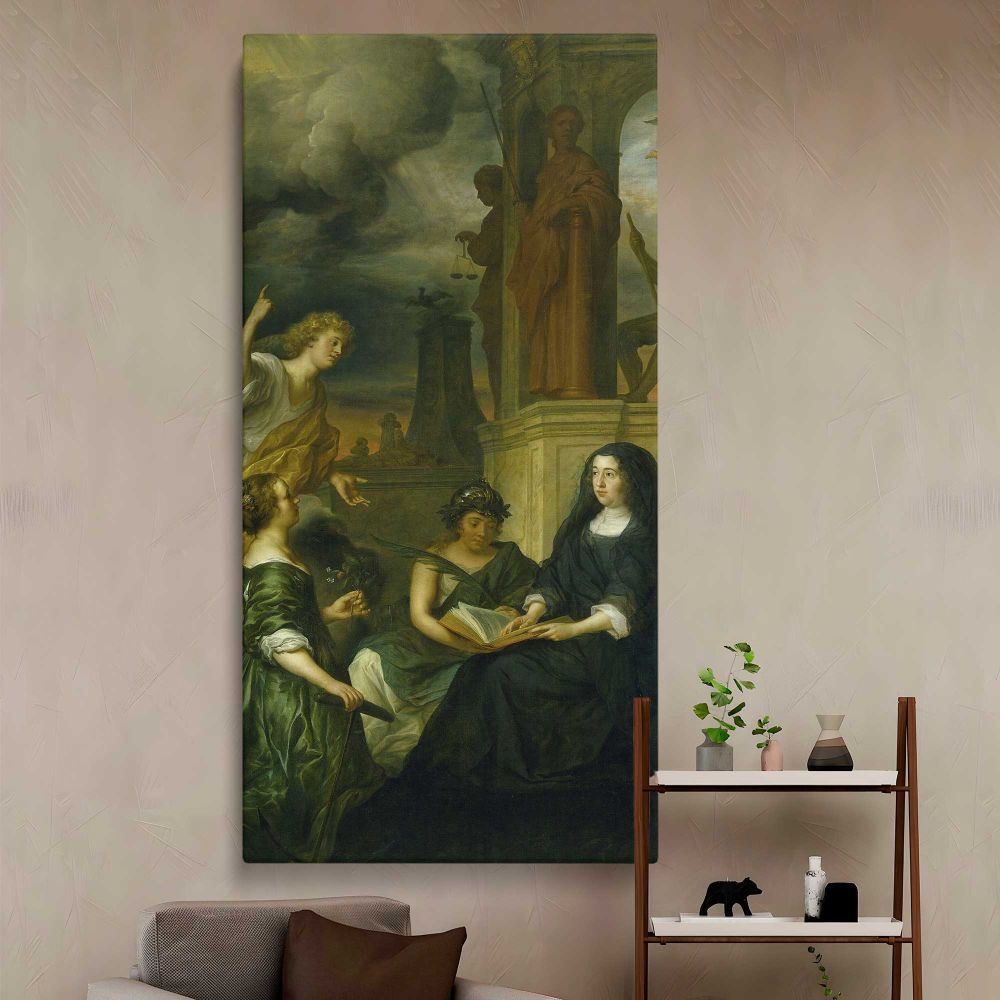 Allegory on the Memory of Frederik Hendrik 1584 1647 Prince of Orange with the Portrait of his Widow Amalia van Solms 1654 by Govert Flinck canvas wall art in a styled interior