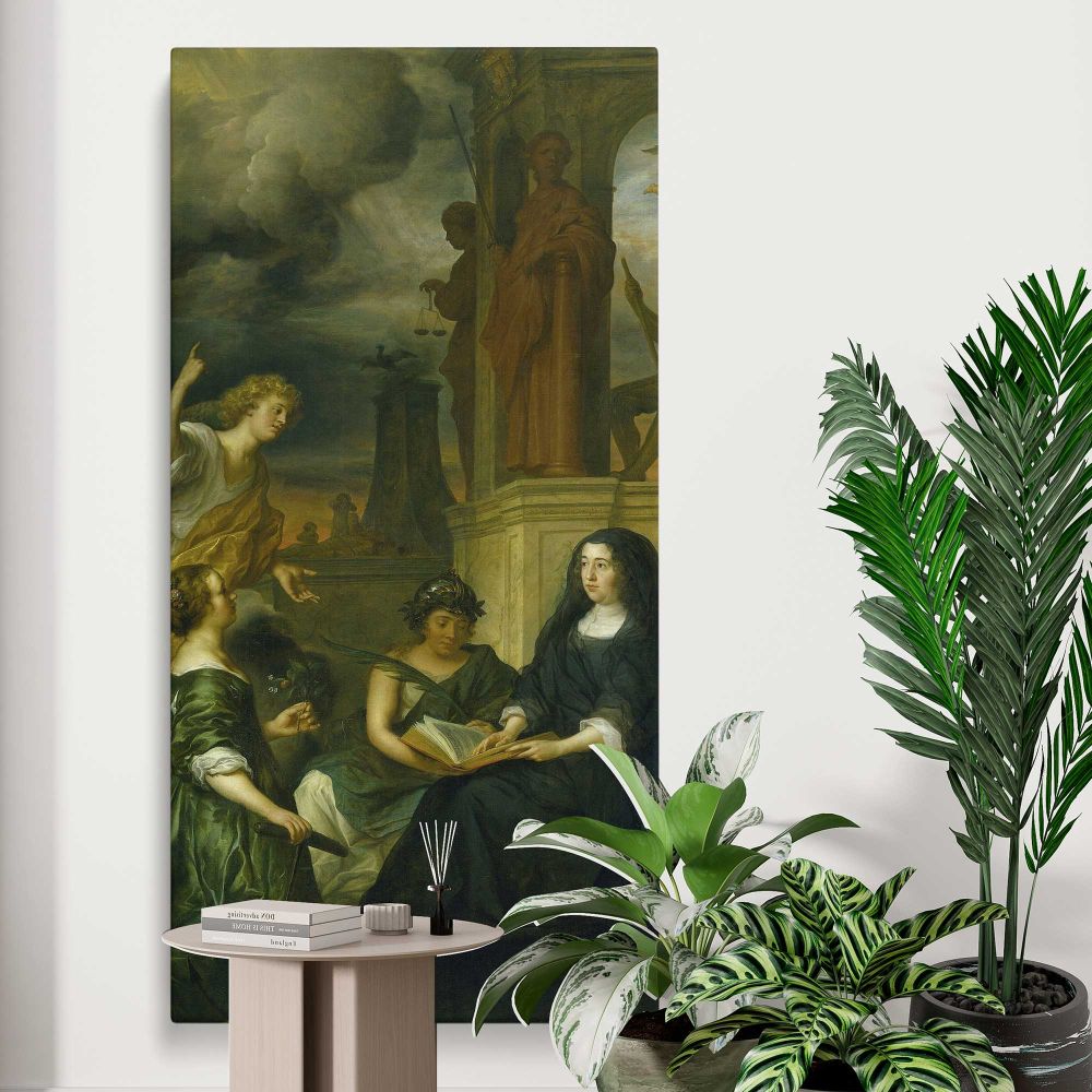 Allegory on the Memory of Frederik Hendrik 1584 1647 Prince of Orange with the Portrait of his Widow Amalia van Solms 1654 by Govert Flinck canvas print displayed in a modern interior