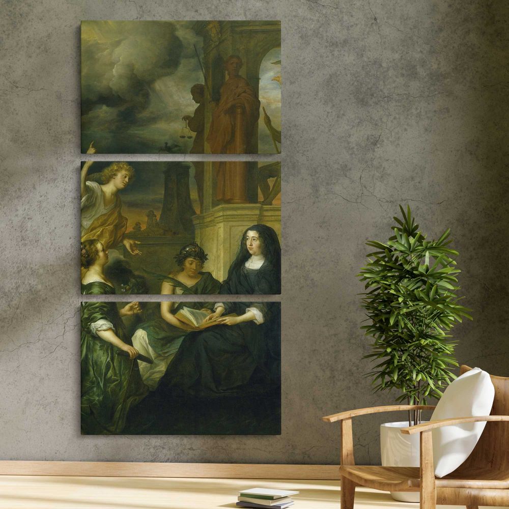 Allegory on the Memory of Frederik Hendrik 1584 1647 Prince of Orange with the Portrait of his Widow Amalia van Solms 1654 by Govert Flinck three panel canvas print in a contemporary interior