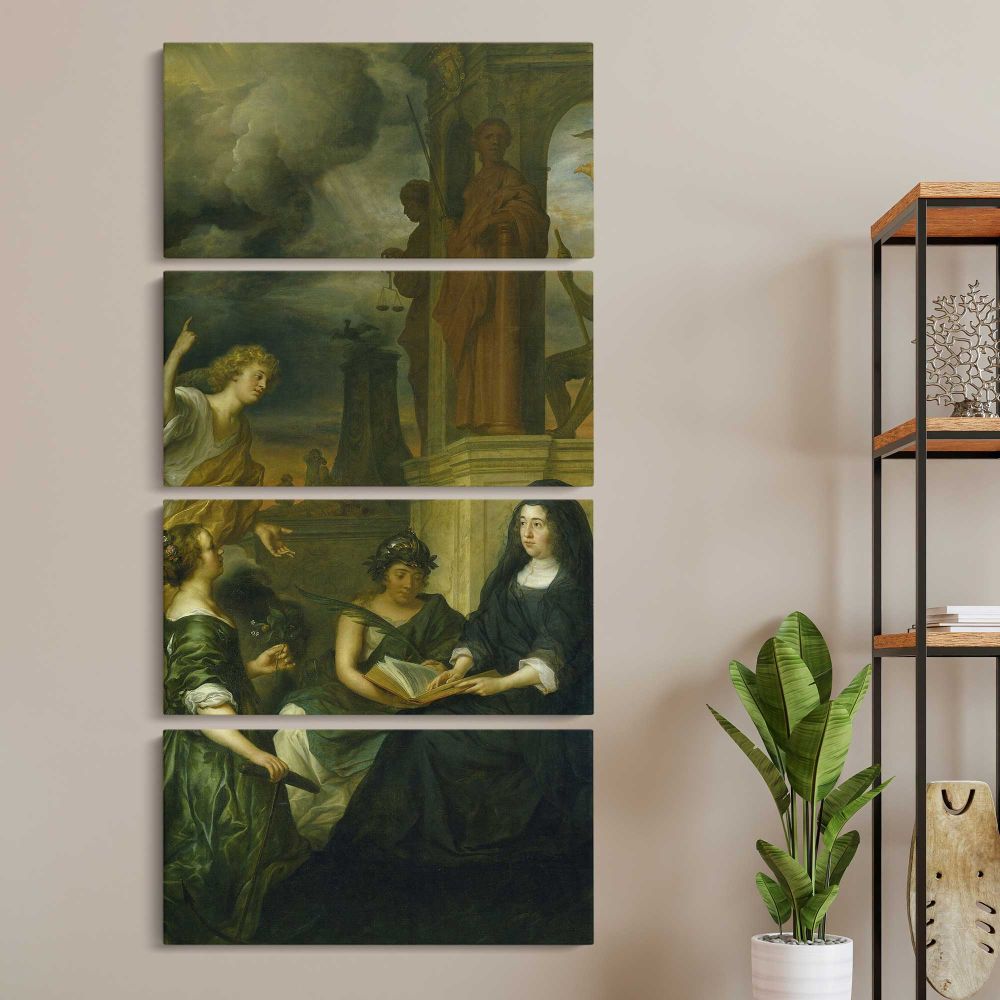 Allegory on the Memory of Frederik Hendrik 1584 1647 Prince of Orange with the Portrait of his Widow Amalia van Solms 1654 by Govert Flinck three panel canvas wall art room mockup