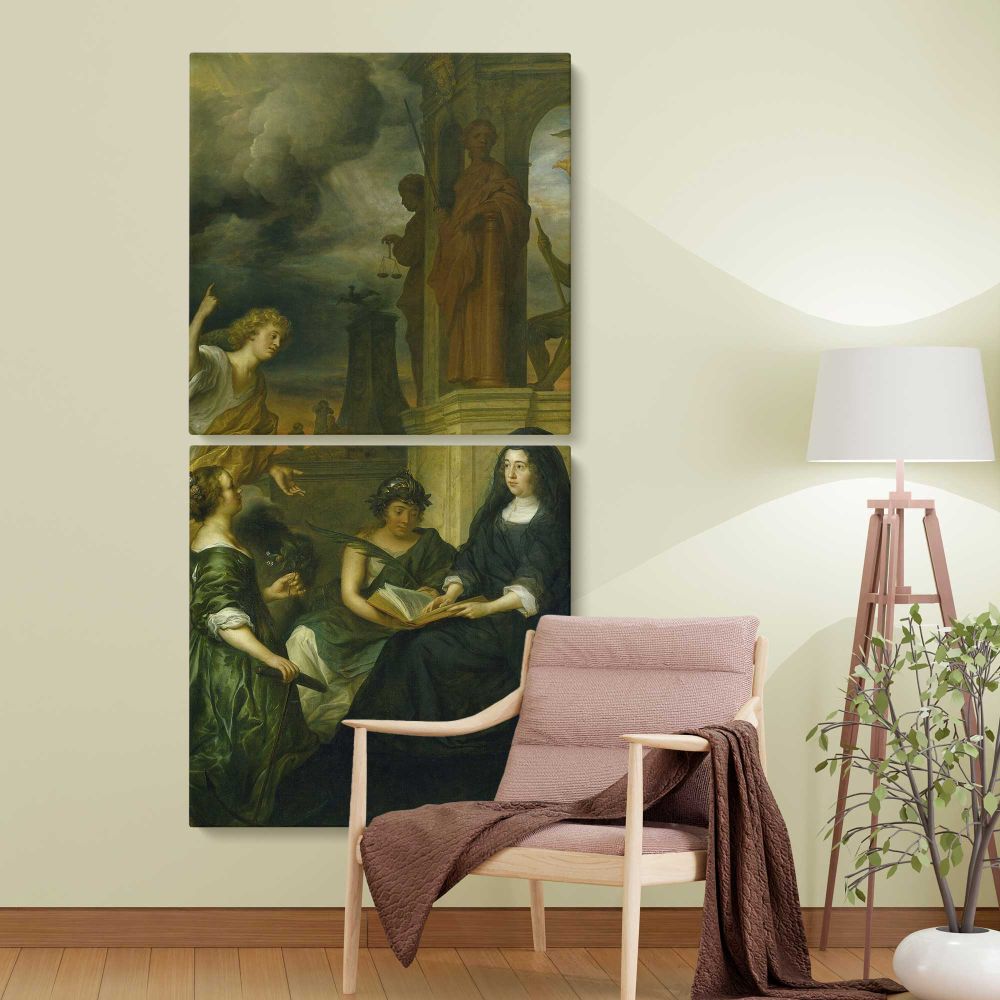 Allegory on the Memory of Frederik Hendrik 1584 1647 Prince of Orange with the Portrait of his Widow Amalia van Solms 1654 by Govert Flinck two panel canvas wall art room mockup