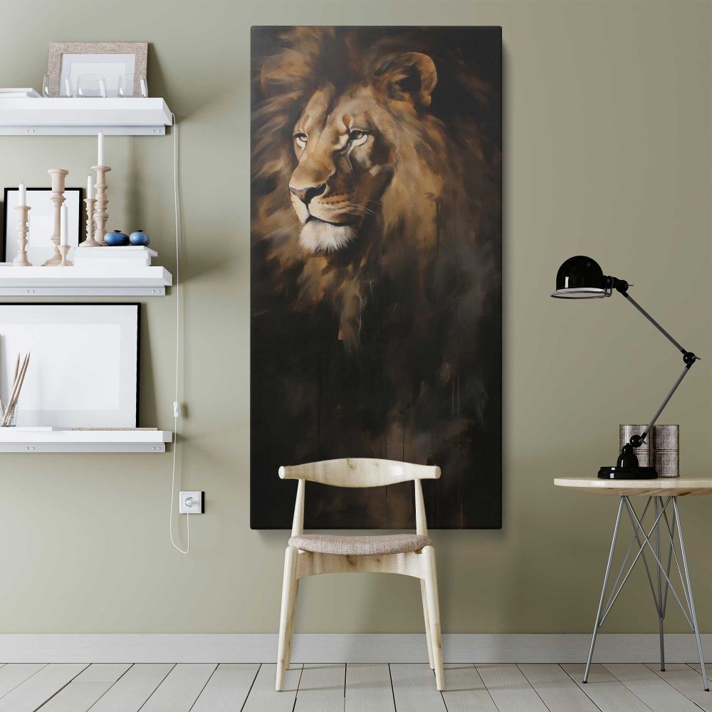 Majestic Lion Portrait canvas wall art shown in a modern interior
