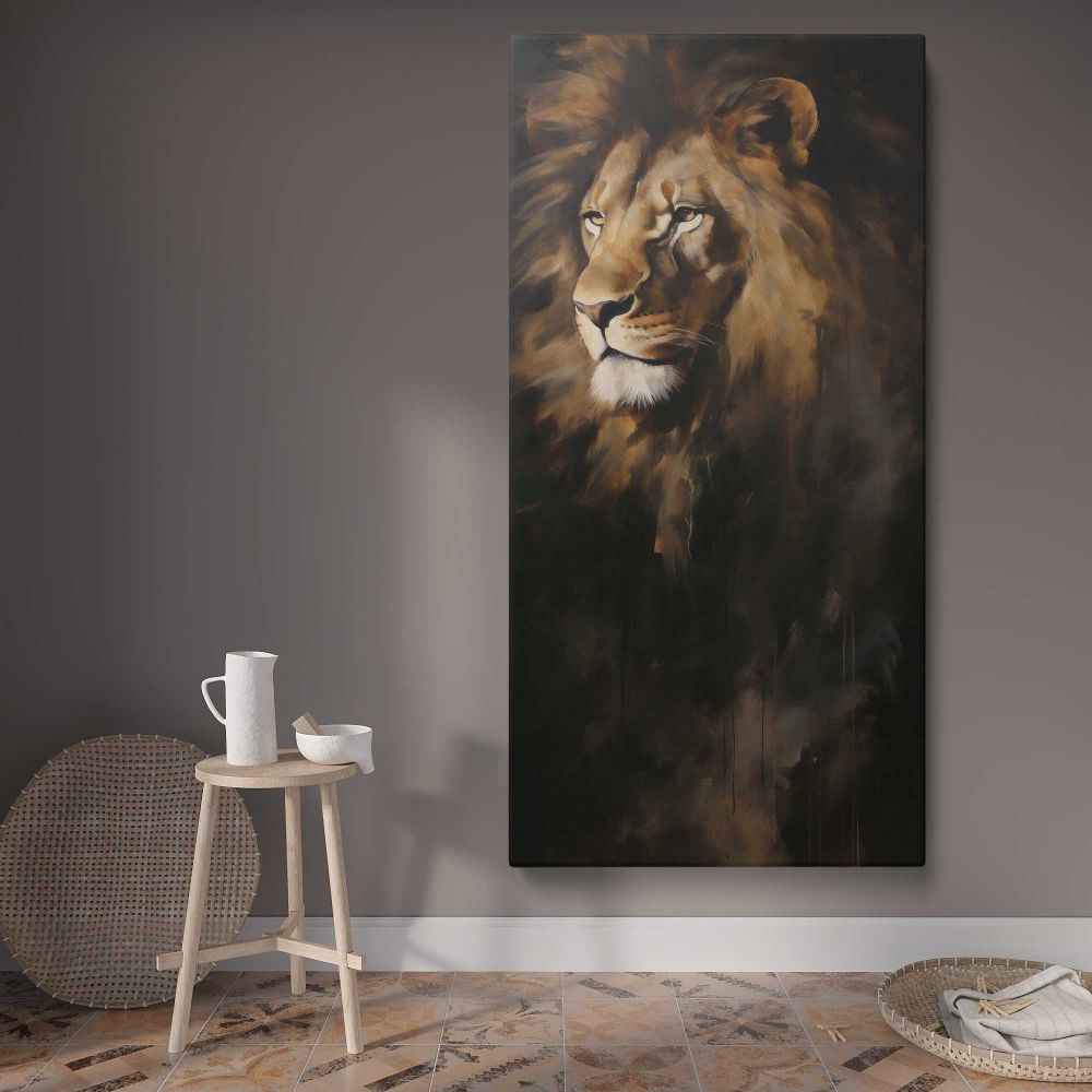 Majestic Lion Portrait canvas wall art displayed in a contemporary room