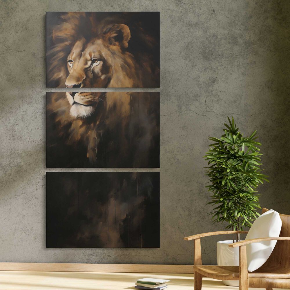 Majestic Lion Portrait three panel canvas print in a contemporary interior