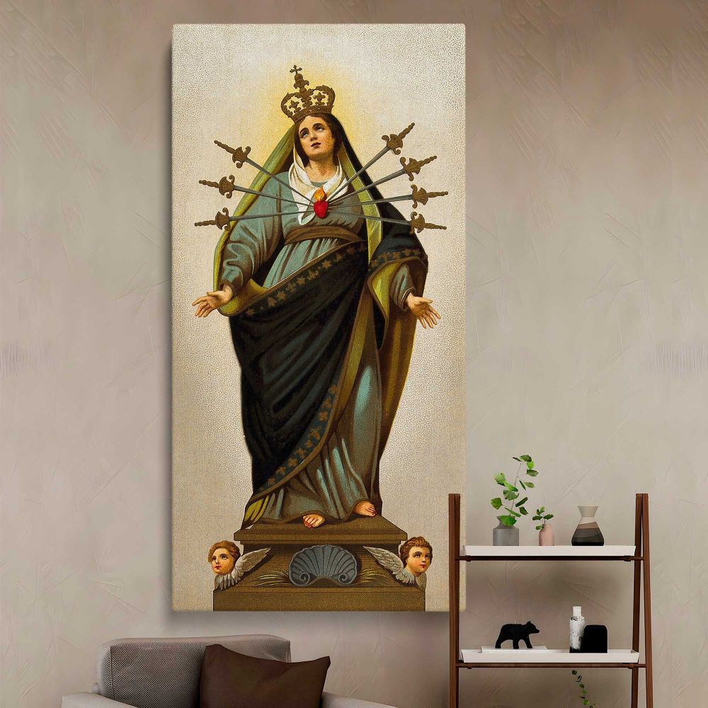 Our Lady of the Seven Sorrows canvas wall art in a styled interior