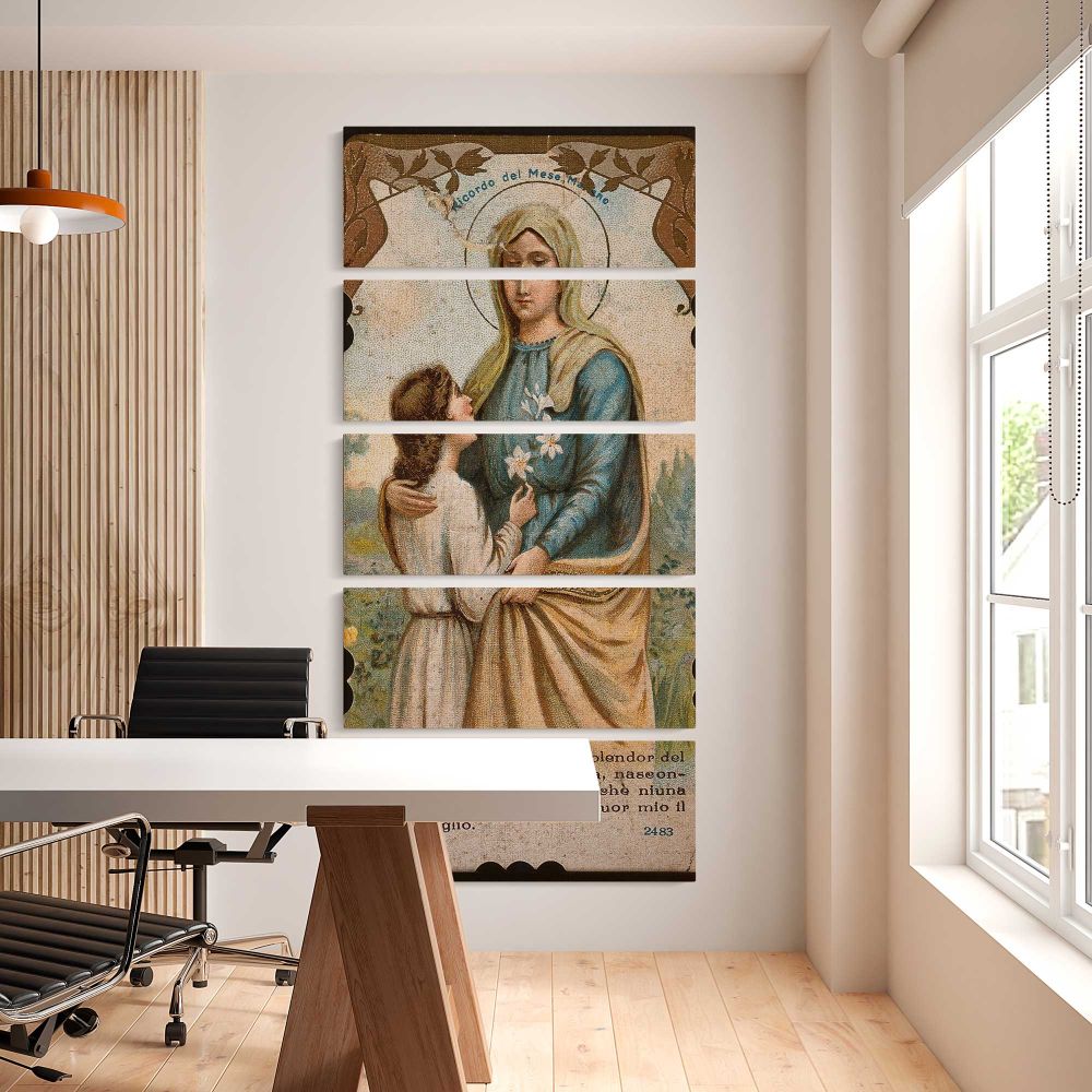 Vintage Virgin Mary Devotional Portrait five panel canvas wall art office mockup
