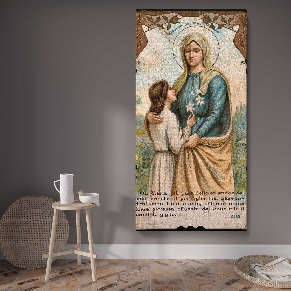 Vintage Virgin Mary Devotional Portrait canvas wall art displayed in a contemporary room