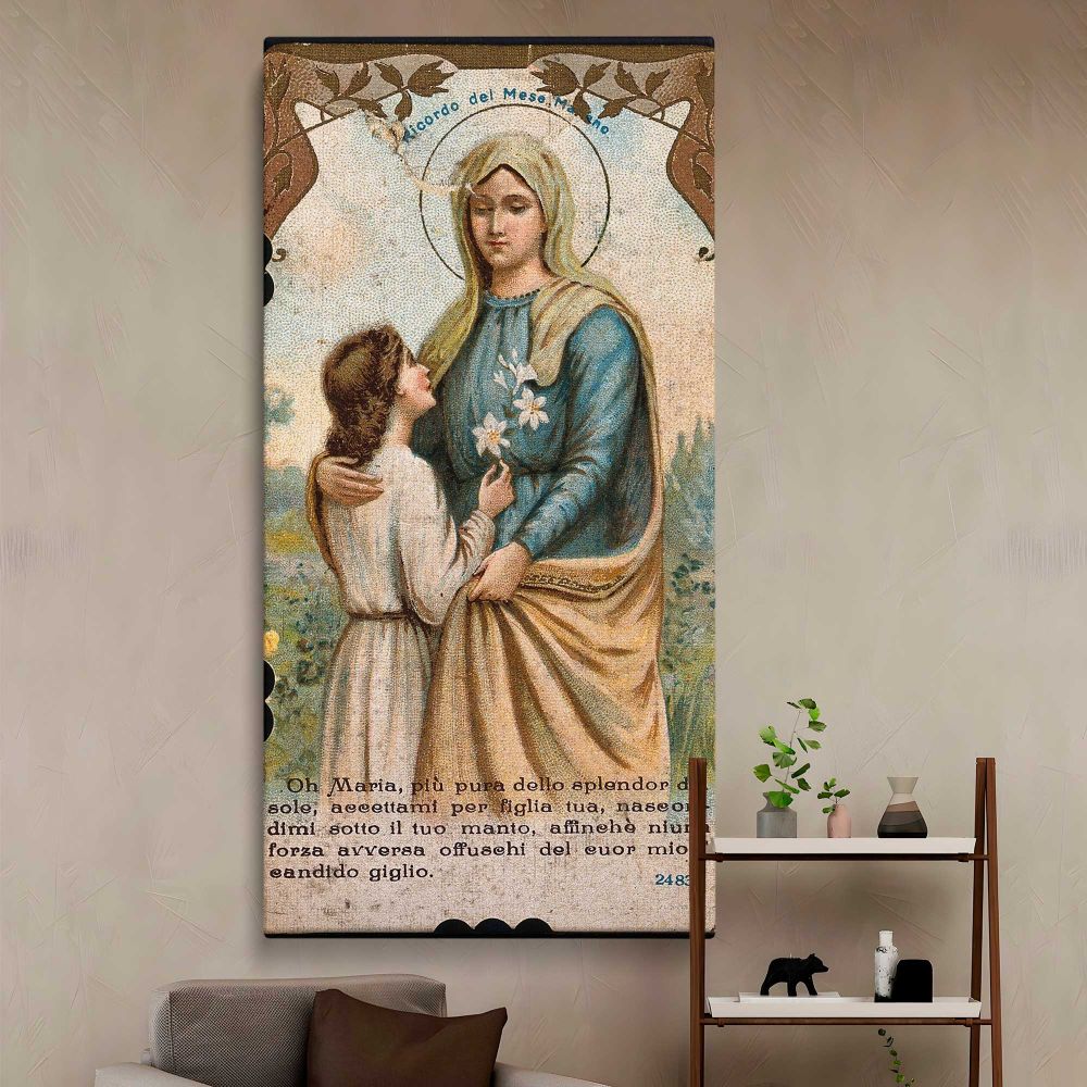 Vintage Virgin Mary Devotional Portrait canvas wall art in a styled interior