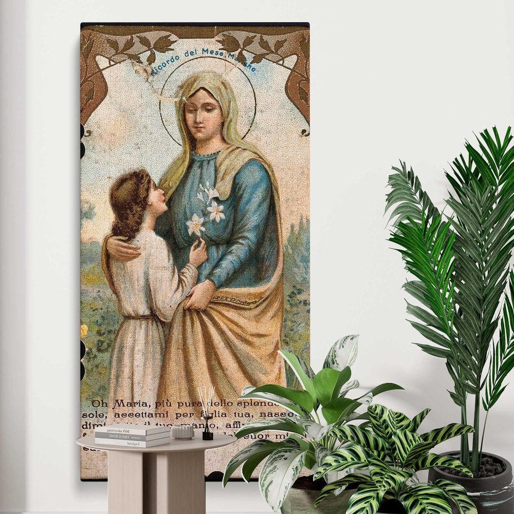 Vintage Virgin Mary Devotional Portrait canvas print displayed in a modern interior