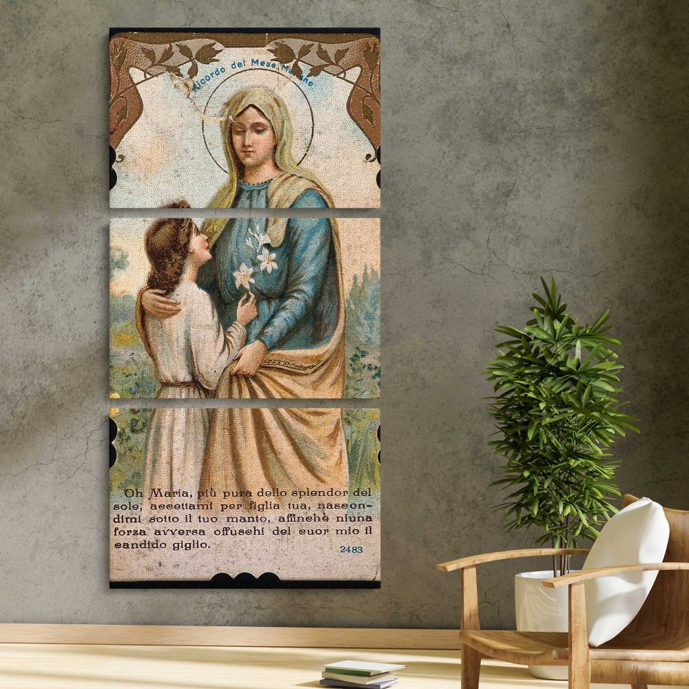 Vintage Virgin Mary Devotional Portrait three panel canvas print in a contemporary interior