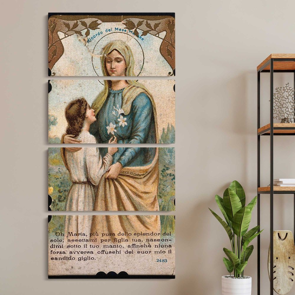 Vintage Virgin Mary Devotional Portrait three panel canvas wall art room mockup