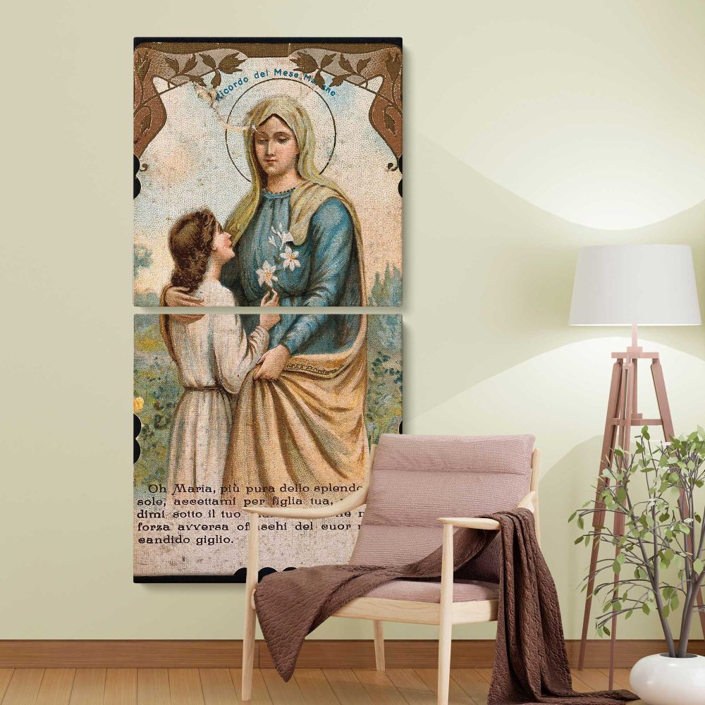 Vintage Virgin Mary Devotional Portrait two panel canvas wall art room mockup