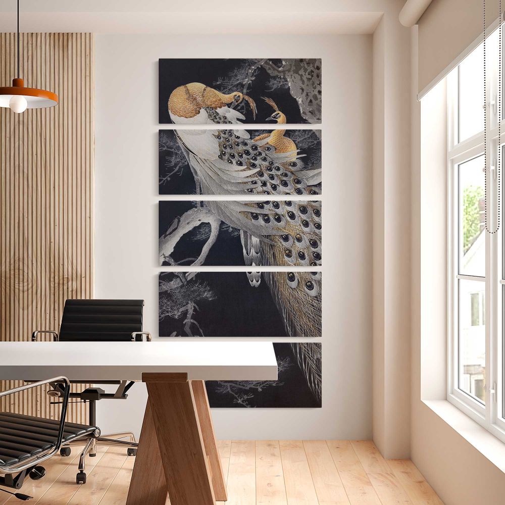 Two peacocks in a tree vintage design remix from original painting by Ohara Koson five panel canvas wall art office mockup
