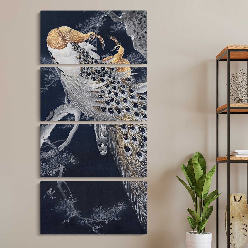 Two peacocks in a tree vintage design remix from original painting by Ohara Koson three panel canvas wall art room mockup
