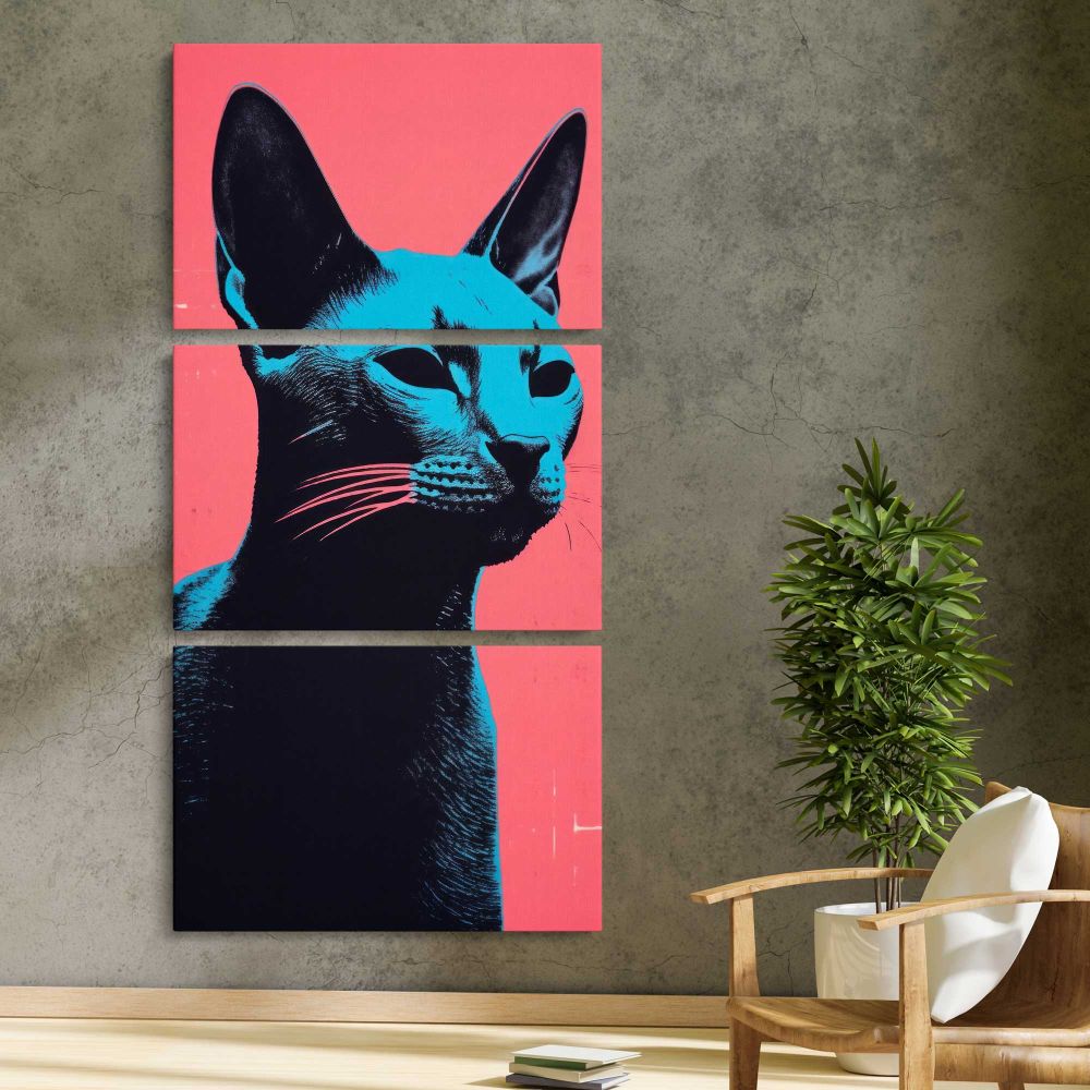 Black Cat Pop Art Portrait three panel canvas print in a contemporary interior