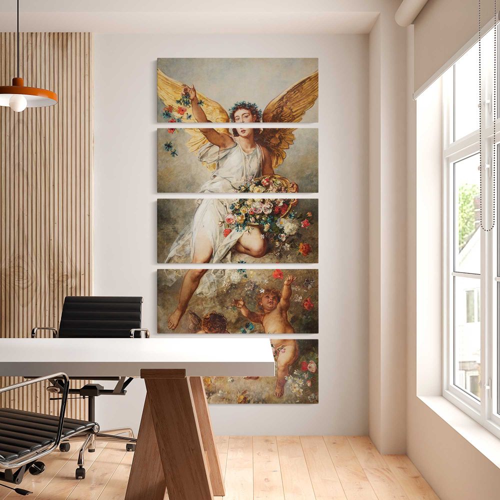 Eirene 1888 vintage angel illustration by Ludwig Knaus five panel canvas wall art office mockup