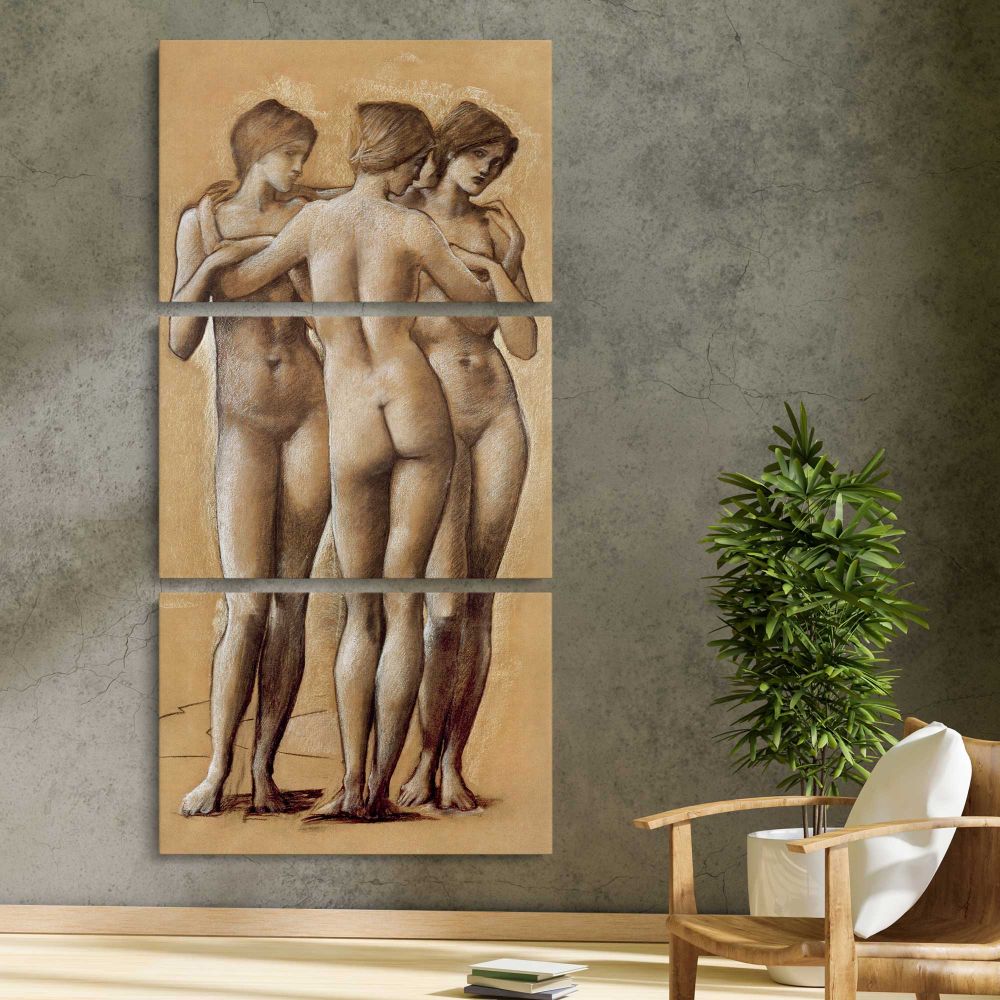 Venus Concordia Study of the Three Graces 1895 by Edward Burne Jones three panel canvas print in a contemporary interior