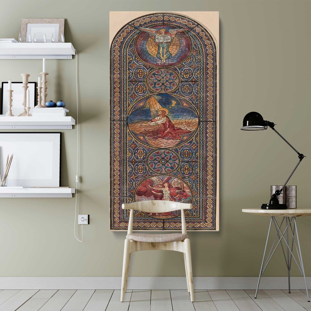 Design for a Stained Glass Window by Izabel M Coles canvas wall art shown in a modern interior