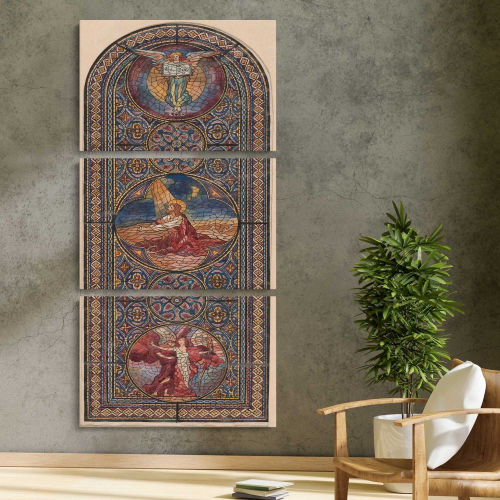 Design for a Stained Glass Window by Izabel M Coles three panel canvas print in a contemporary interior