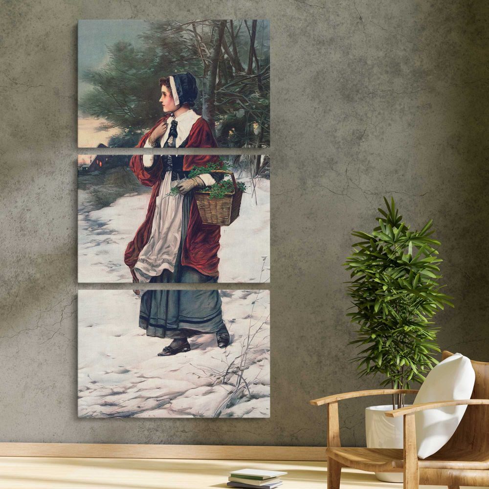 Christmas Morning 1899 by American Lithographic Co three panel canvas print in a contemporary interior