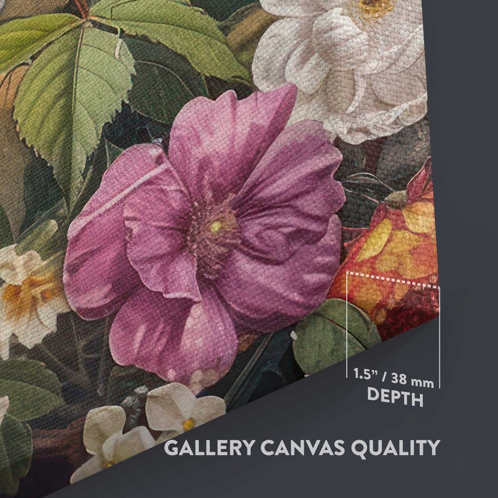 Vintage Spring Flower Garden close up showing gallery canvas texture and depth