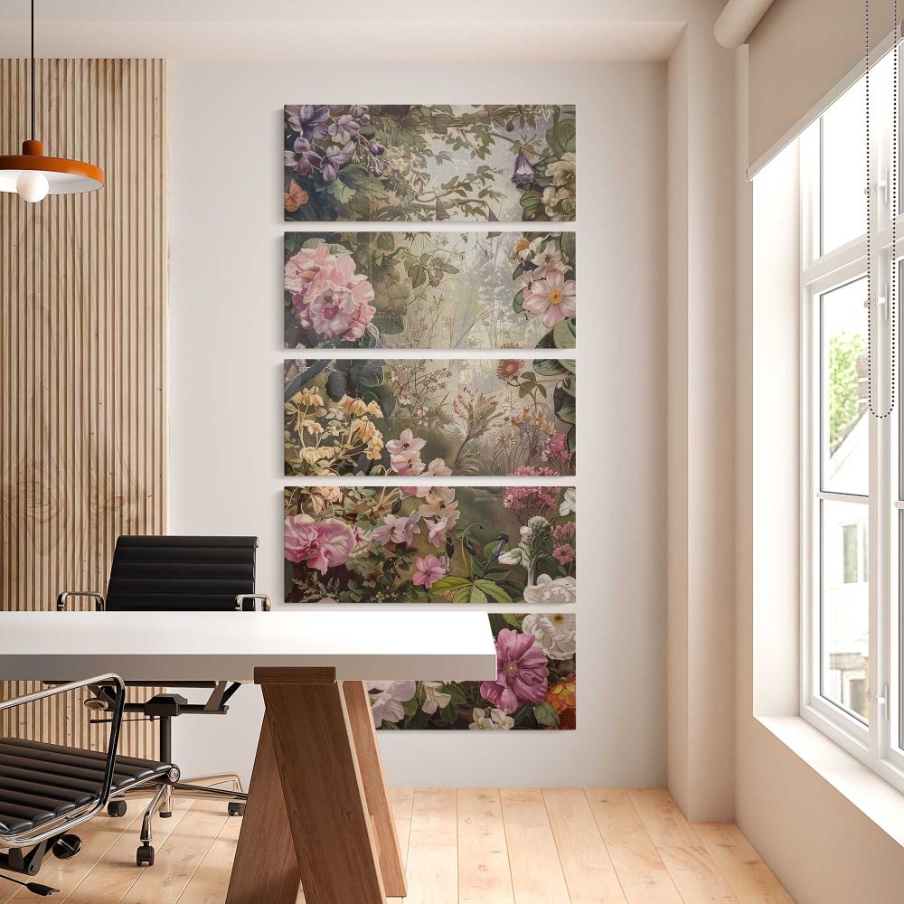 Vintage Spring Flower Garden five panel canvas wall art office mockup