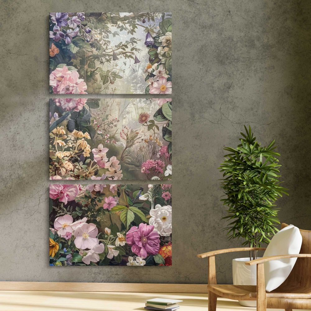 Vintage Spring Flower Garden three panel canvas print in a contemporary interior
