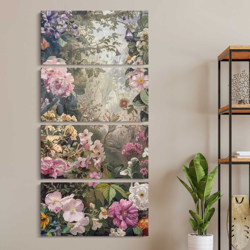 Vintage Spring Flower Garden three panel canvas wall art room mockup