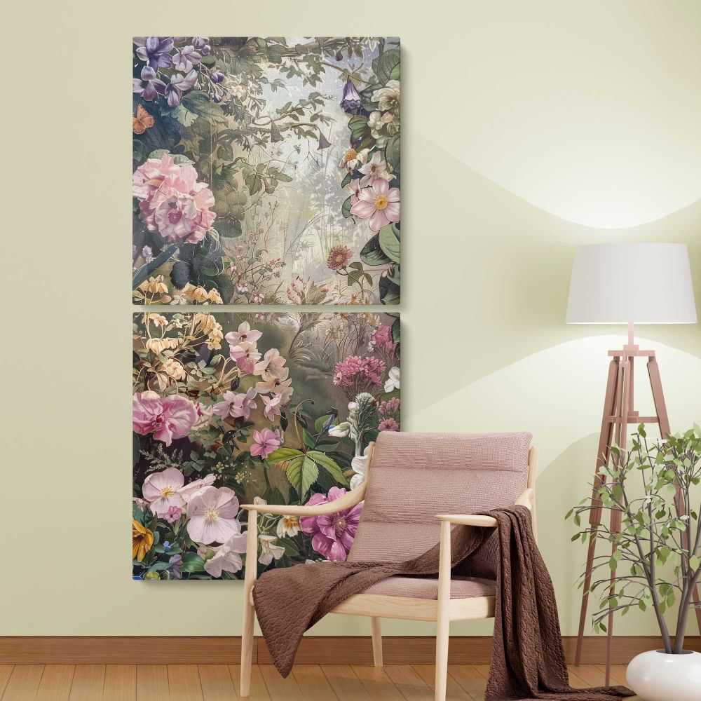 Vintage Spring Flower Garden two panel canvas wall art room mockup