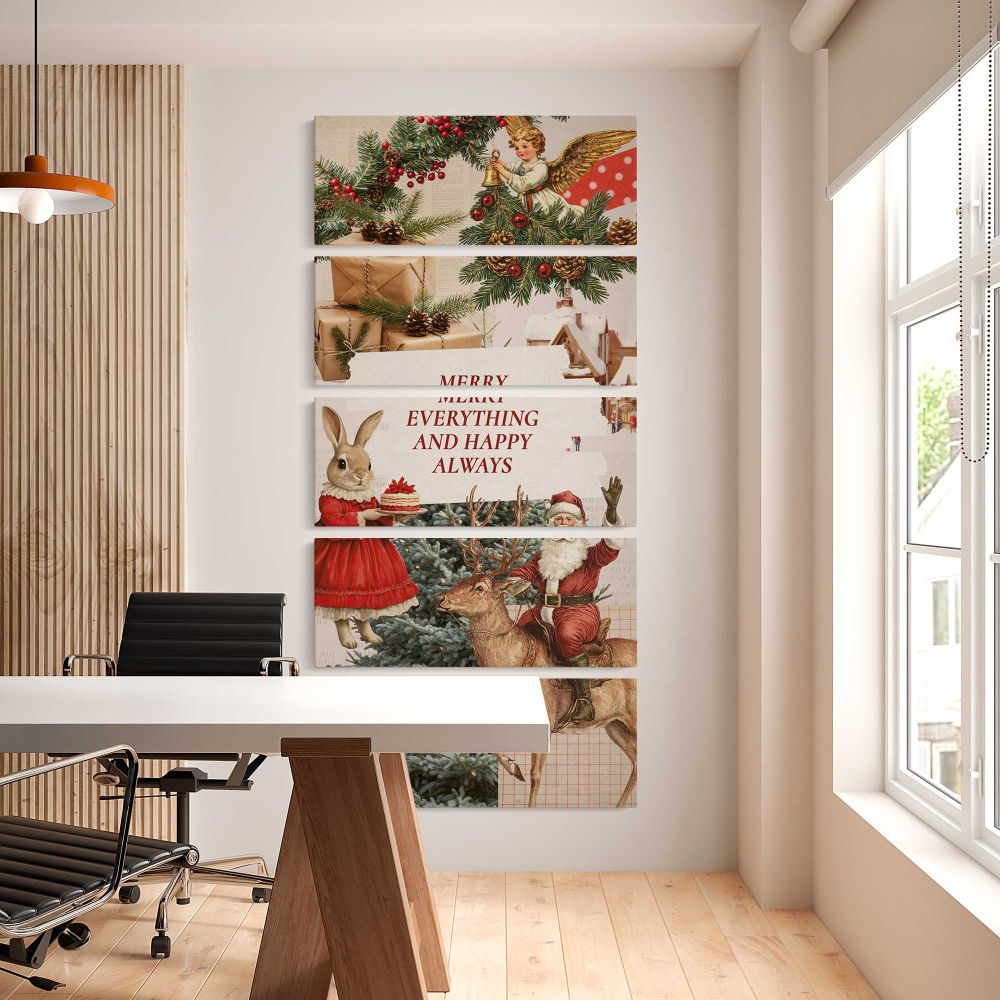 Vintage Christmas Wishes Collage five panel canvas wall art office mockup
