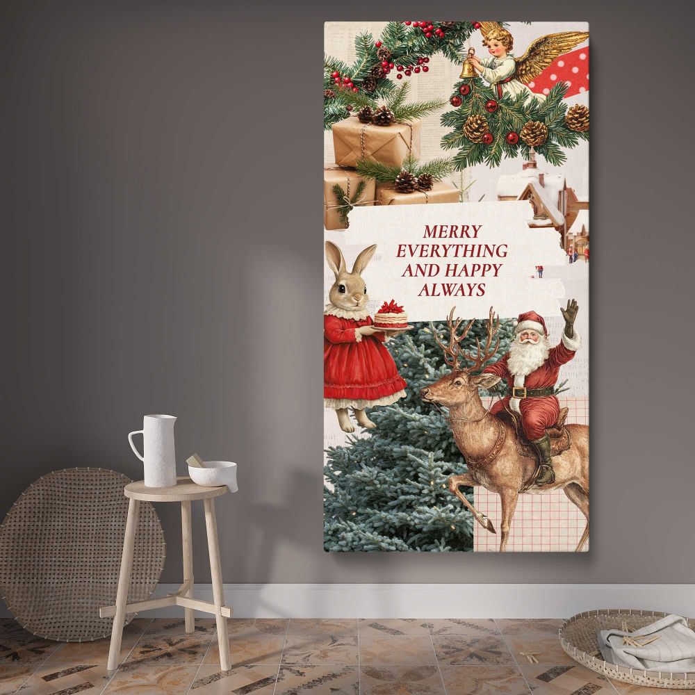 Vintage Christmas Wishes Collage canvas wall art displayed in a contemporary room