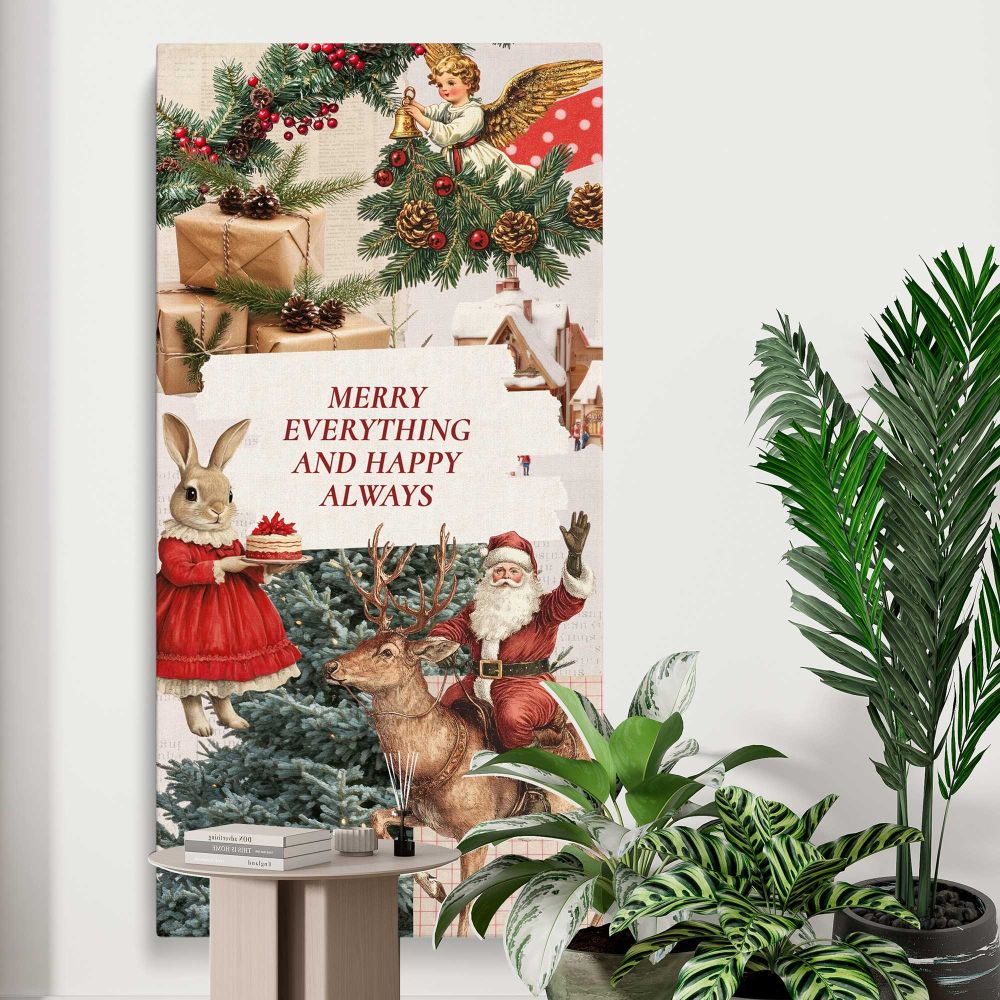 Vintage Christmas Wishes Collage canvas print displayed in a modern interior