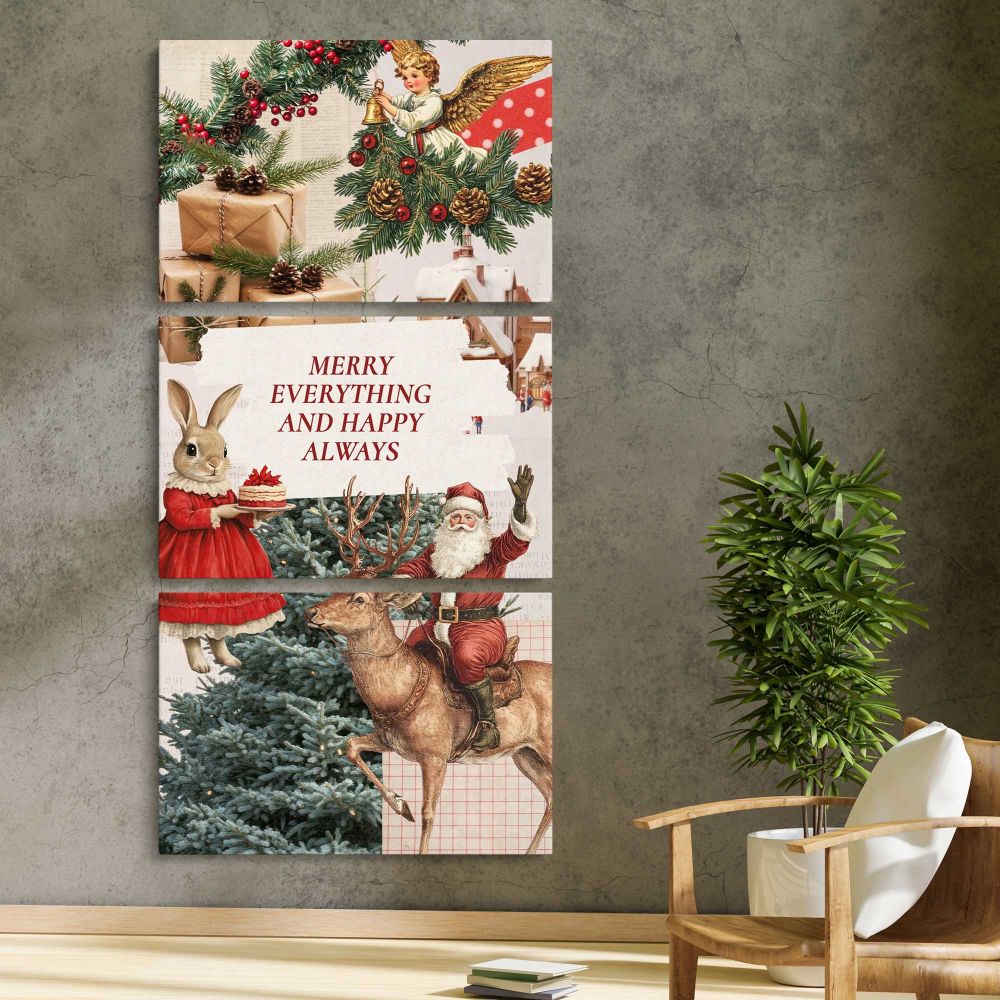 Vintage Christmas Wishes Collage three panel canvas print in a contemporary interior